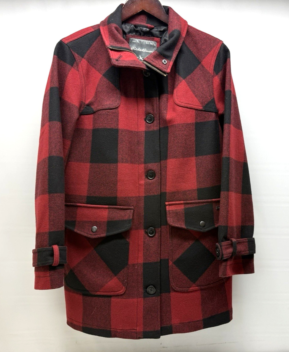 Eddie Bauer Women’s Buffalo Plaid Wool Blend Field Coat Jacket Red Black Medium